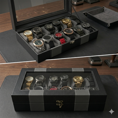 Caja Organizadora Premium para 12 Relojes con Tapa Transparente y Acabado de Lujo