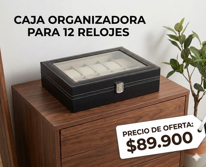 Caja Organizadora para 12 Relojes con Tapa Acrílica Transparente y Cierre de Seguridad