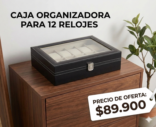 Caja Organizadora para 12 Relojes con Tapa Acrílica Transparente y Cierre de Seguridad