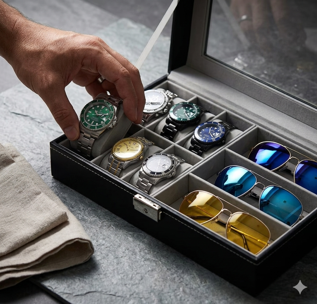Caja Organizadora Premium para 6 Relojes y 3 Gafas con Tapa Acrílica