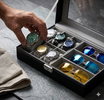 Caja Organizadora Premium para 6 Relojes y 3 Gafas con Tapa Acrílica