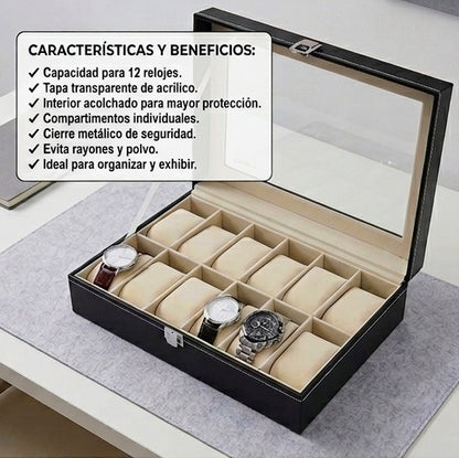 Caja Organizadora para 12 Relojes con Tapa Acrílica Transparente y Cierre de Seguridad