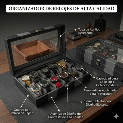 Caja Organizadora Premium para 12 Relojes con Tapa Transparente y Acabado de Lujo