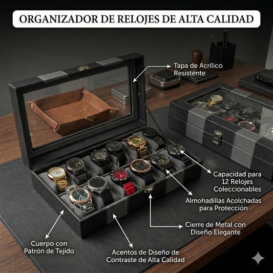 Caja Organizadora Premium para 12 Relojes con Tapa Transparente y Acabado de Lujo