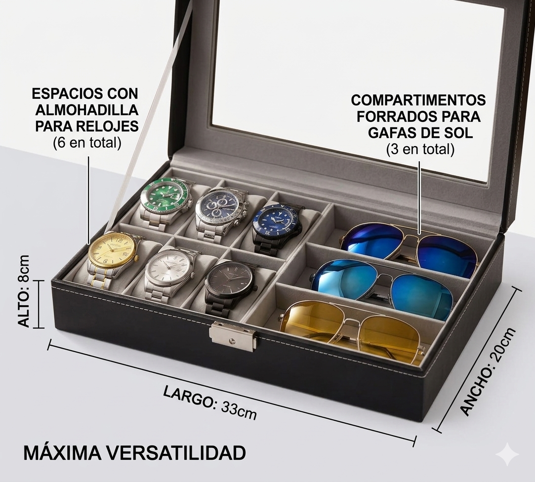 Caja Organizadora Premium para 6 Relojes y 3 Gafas con Tapa Acrílica