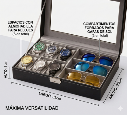 Caja Organizadora Premium para 6 Relojes y 3 Gafas con Tapa Acrílica
