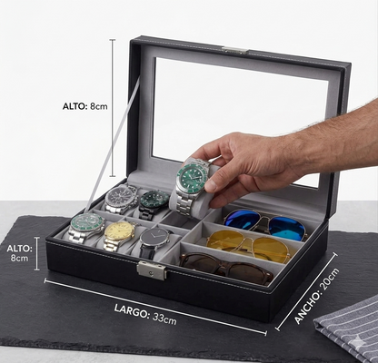 Caja Organizadora Premium para 6 Relojes y 3 Gafas con Tapa Acrílica
